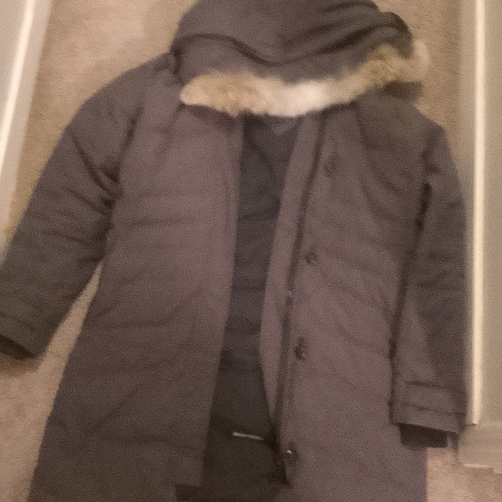 Gray Hooded Coat with Fur Trim